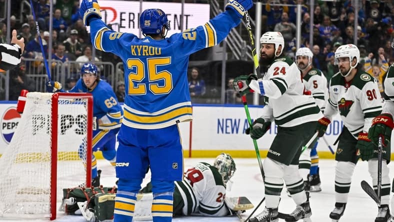 Mar 16, 2024; St. Louis, Missouri, USA;  St. Louis Blues center Jordan Kyrou (25) reacts after scoring against the Minnesota Wild during the second period at Enterprise Center. Mandatory Credit: Jeff Curry-USA TODAY Sports