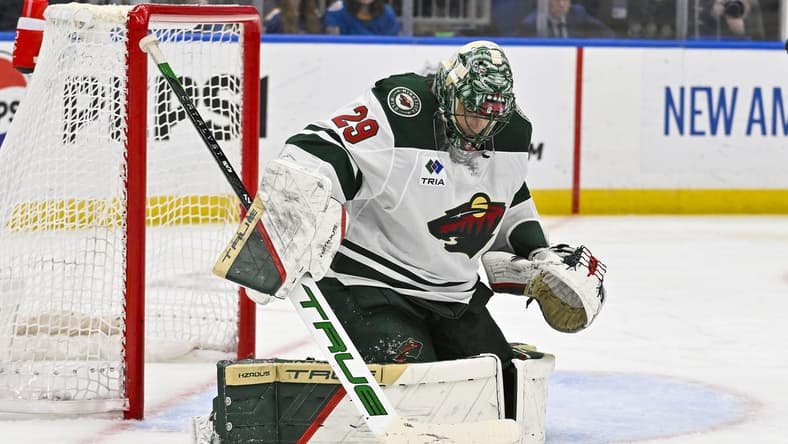 Mar 16, 2024; St. Louis, Missouri, USA; Minnesota Wild goaltender Marc-Andre Fleury (29) makes a save against the St. Louis Blues during the second period at Enterprise Center. Mandatory Credit: Jeff Curry-USA TODAY Sports