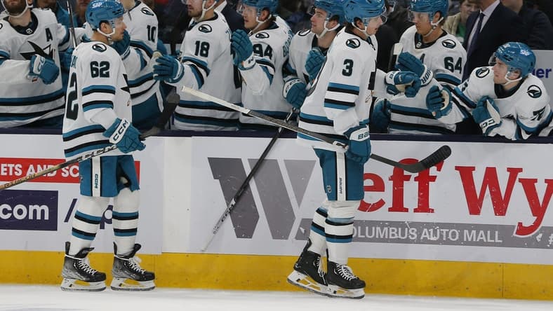 Mar 16, 2024; Columbus, Ohio, USA; San Jose Sharks defenseman Henry Thrun (3) celebrates his goal against the Columbus Blue Jackets during the third period at Nationwide Arena. Mandatory Credit: Russell LaBounty-USA TODAY Sports