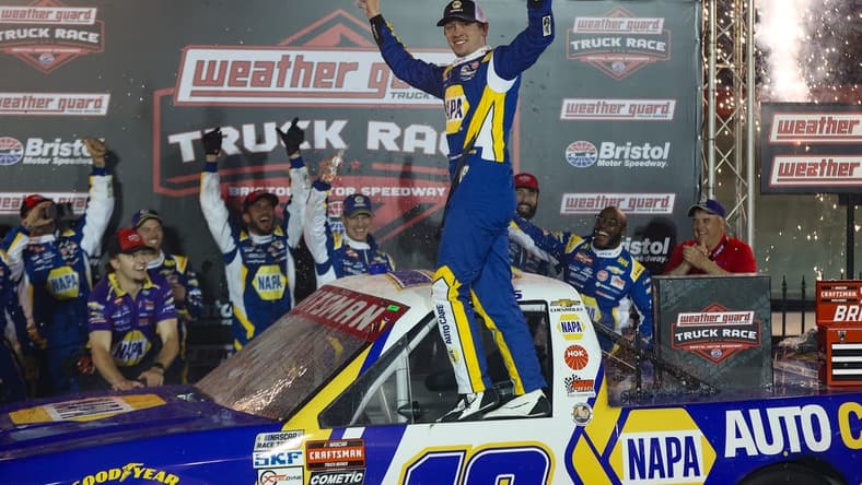 Mar 16, 2024; Bristol, Tennessee, USA; NASCAR Gander RV and Outdoors Truck Series driver Christian Eckes (19) wins the NASCAR Weather Guard truck race at Bristol Motor Speedway. Mandatory Credit: Randy Sartin-USA TODAY Sports