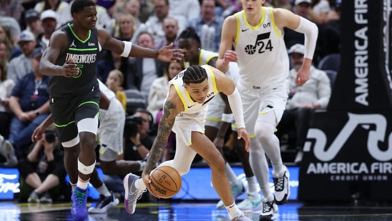 Mar 16, 2024; Salt Lake City, Utah, USA; Utah Jazz guard Keyonte George (3) picks up a loose ball against the Minnesota Timberwolves during the second quarter at Delta Center. Mandatory Credit: Rob Gray-USA TODAY Sports