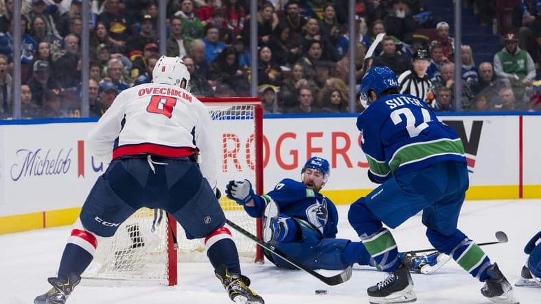 Mar 16, 2024; Vancouver, British Columbia, CAN; Vancouver Canucks defenseman Filip Hronek (17) and forward Pius Suter (24) watch as Washington Capitals forward Alex Ovechkin (8) scores on the Vancouver goal in the second period at Rogers Arena. Mandatory Credit: Bob Frid-USA TODAY Sports
