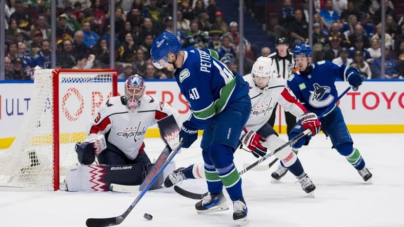 Mar 16, 2024; Vancouver, British Columbia, CAN; Vancouver Canucks forward Elias Pettersson (40) handles the puck against the Washington Capitals in the third period at Rogers Arena. Washington won 2 -1. Mandatory Credit: Bob Frid-USA TODAY Sports
