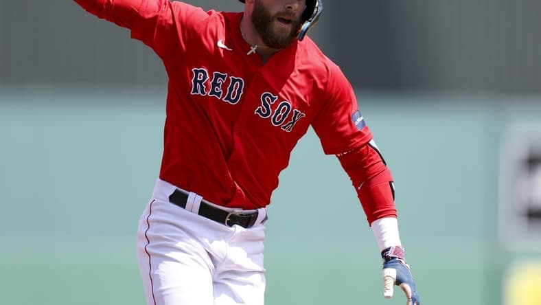 Mar 17, 2024; Fort Myers, Florida, USA;  Boston Red Sox shortstop Trevor Story (10) runs the bases after hitting a three-run home run against the New York Yankees in the first inning at JetBlue Park at Fenway South. Mandatory Credit: Nathan Ray Seebeck-USA TODAY Sports