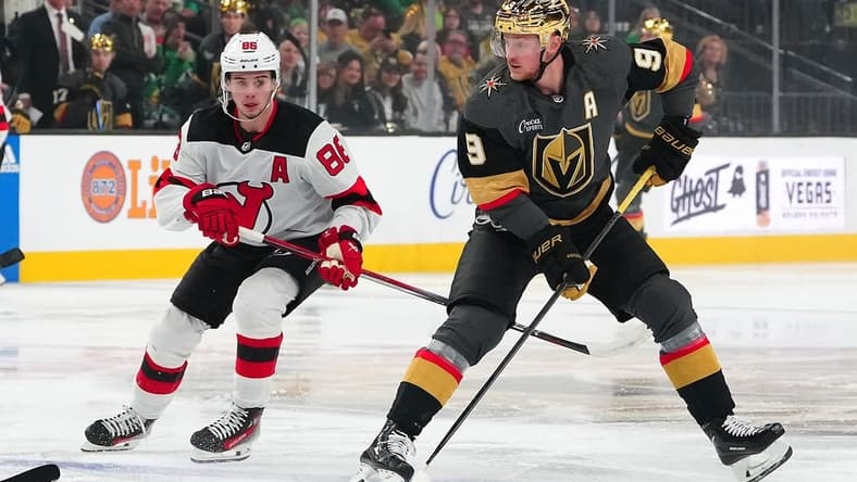 Mar 17, 2024; Las Vegas, Nevada, USA; Vegas Golden Knights center Jack Eichel (9) skates ahead of New Jersey Devils center Jack Hughes (86) during the first period at T-Mobile Arena. Mandatory Credit: Stephen R. Sylvanie-USA TODAY Sports