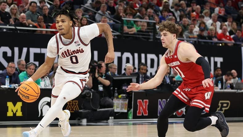 Mar 17, 2024; Minneapolis, MN, USA; Illinois Fighting Illini guard Terrence Shannon Jr. (0) plays the ball in the second half against the Wisconsin Badgers at Target Center. Mandatory Credit: Matt Krohn-USA TODAY Sports