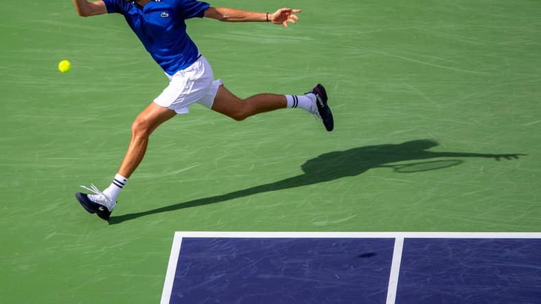 Daniil Medvedev hits to Carlos Alcaraz during the ATP final of the BNP Paribas Open in Indian Wells, Calif., Sunday, March 17, 2024.