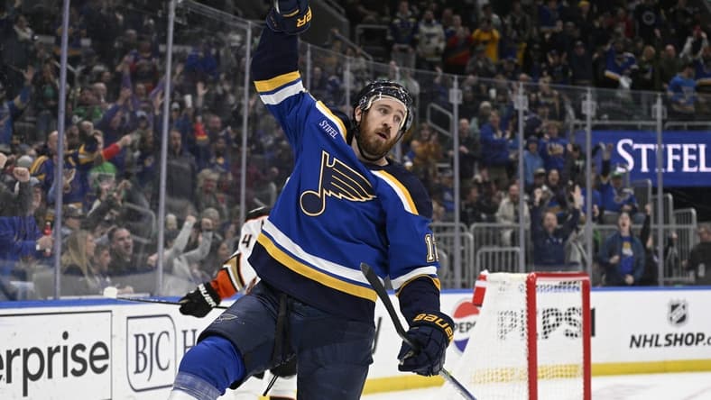 Mar 17, 2024; St. Louis, Missouri, USA; St. Louis Blues right wing Kevin Hayes (12) reacts after scoring a goal against the Anaheim Ducks during the second period at Enterprise Center. Mandatory Credit: Jeff Le-USA TODAY Sports
