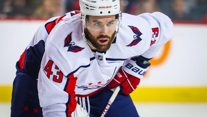 Mar 18, 2024; Calgary, Alberta, CAN; Washington Capitals right wing Tom Wilson (43) during the face off against the Calgary Flames during the first period at Scotiabank Saddledome. Mandatory Credit: Sergei Belski-USA TODAY Sports