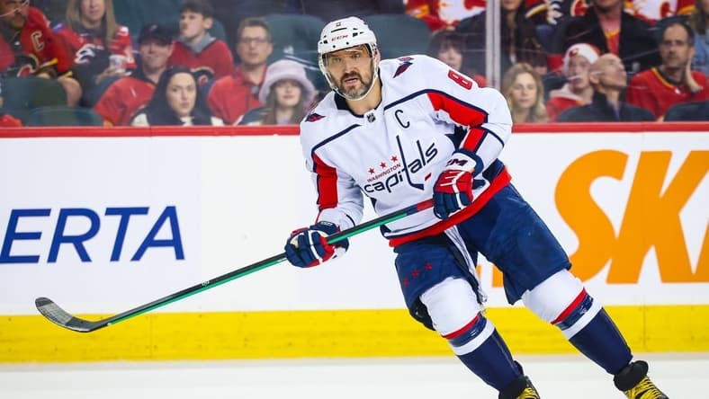 Mar 18, 2024; Calgary, Alberta, CAN; Washington Capitals left wing Alex Ovechkin (8) skates against the Calgary Flames during the third period at Scotiabank Saddledome. Mandatory Credit: Sergei Belski-USA TODAY Sports