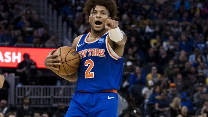 Mar 18, 2024; San Francisco, California, USA; New York Knicks guard Miles McBride (2) gestures during the first half of the game against the Golden State Warriors at Chase Center. Mandatory Credit: John Hefti-USA TODAY Sports