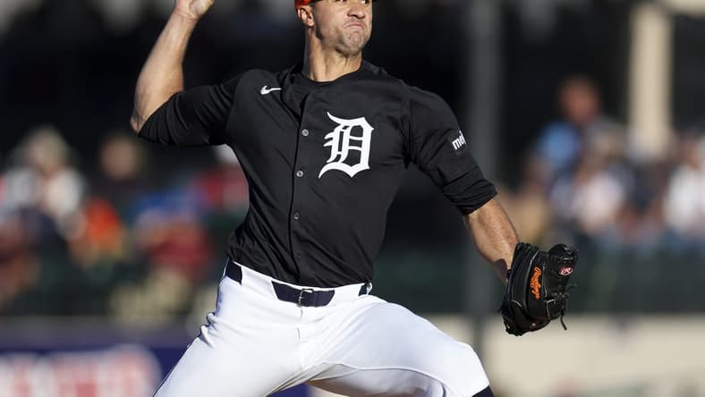 Mar 19, 2024; Lakeland, Florida, USA; Detroit Tigers pitcher Jack Flaherty (45) throws a pitch against the Philadelphia Phillies in the first inning at Publix Field at Joker Marchant Stadium. Mandatory Credit: Nathan Ray Seebeck-USA TODAY Sports