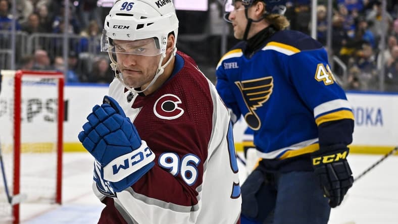 Mar 19, 2024; St. Louis, Missouri, USA;  Colorado Avalanche right wing Mikko Rantanen (96) reacts after scoring against the St. Louis Blues during the first period at Enterprise Center. Mandatory Credit: Jeff Curry-USA TODAY Sports