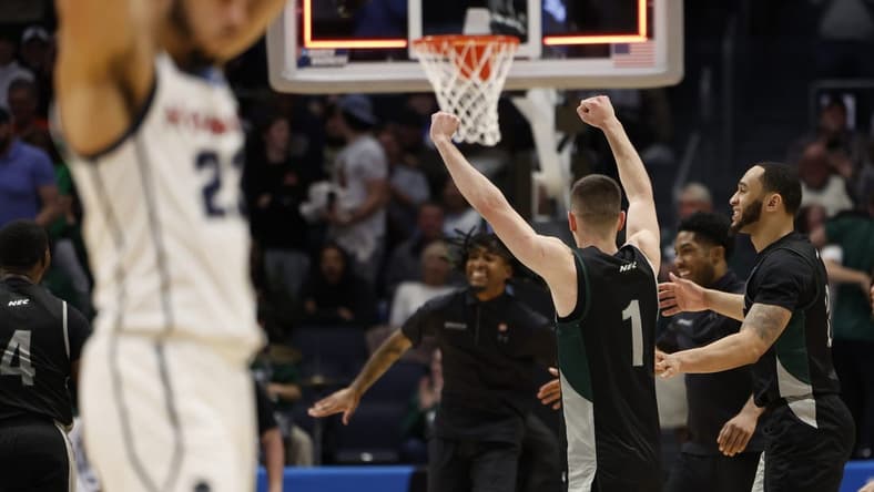 Mar 19, 2024; Dayton, OH, USA; Wagner Seahawks guard Javier Ezquerra (1) celebrates defeating the Howard Bison at UD Arena. Mandatory Credit: Rick Osentoski-USA TODAY Sports