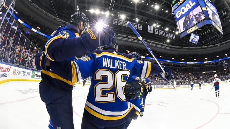 Mar 19, 2024; St. Louis, Missouri, USA;  St. Louis Blues right wing Alexey Toropchenko (13) celebrates with left wing Nathan Walker (26) after scoring against the Colorado Avalanche during the second period at Enterprise Center. Mandatory Credit: Jeff Curry-USA TODAY Sports