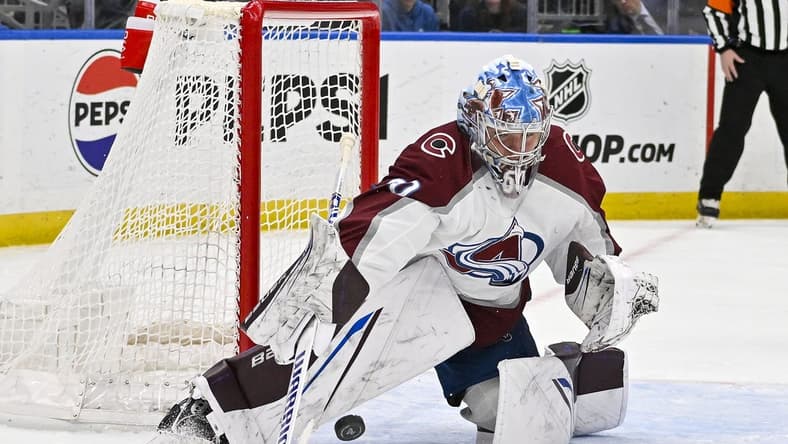 Mar 19, 2024; St. Louis, Missouri, USA;  Colorado Avalanche goaltender Justus Annunen (60) defends the n the against the St. Louis Blues during the second period at Enterprise Center. Mandatory Credit: Jeff Curry-USA TODAY Sports