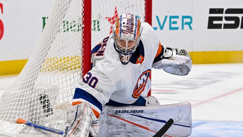 Mar 19, 2024; Elmont, New York, USA; New York Islanders goaltender Ilya Sorokin (30) makes a save against the Carolina Hurricanes during the third period at UBS Arena. Mandatory Credit: Dennis Schneidler-USA TODAY Sports