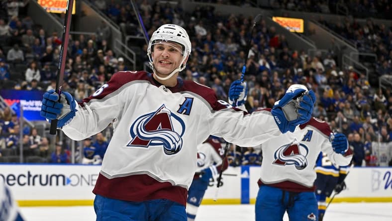 Mar 19, 2024; St. Louis, Missouri, USA;  Colorado Avalanche right wing Mikko Rantanen (96) reacts after scouring his third goal of the game for a hat trick against the St. Louis Blues during the third period at Enterprise Center. Mandatory Credit: Jeff Curry-USA TODAY Sports