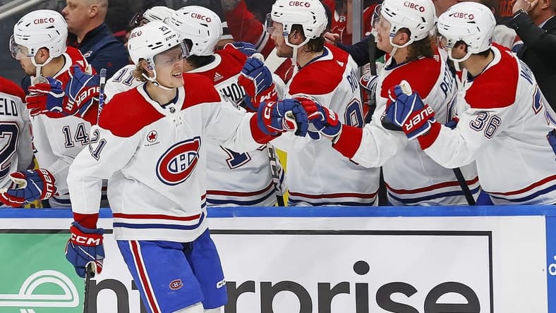 Mar 16, 2024; Edmonton, Alberta, CAN; The Montreal Canadiens celebrate a goal scored by  defensemen Kaiden Guhle (21) during the third period against the Edmonton Oilers at Rogers Place. Mandatory Credit: Perry Nelson-USA TODAY Sports
