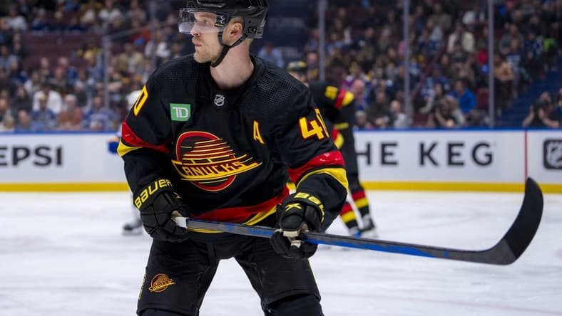 Mar 19, 2024; Vancouver, British Columbia, CAN; Vancouver Canucks forward Elias Pettersson (40) skates against the Buffalo Sabres in the second period at Rogers Arena. Mandatory Credit: Bob Frid-USA TODAY Sports
