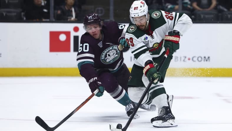 Mar 19, 2024; Anaheim, California, USA; Minnesota Wild center Frederick Gaudreau (89) skates with the puck against Anaheim Ducks defenseman Jackson LaCombe (60) during the third period of a game at Honda Center. Mandatory Credit: Jessica Alcheh-USA TODAY Sports