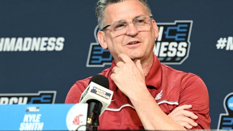 Mar 20, 2024; Omaha, NE, USA; Washington State Cougars head coach Kyle Smith talks with the media during the NCAA first round practice session at CHI Health Center Omaha. Mandatory Credit: Steven Branscombe-USA TODAY Sports