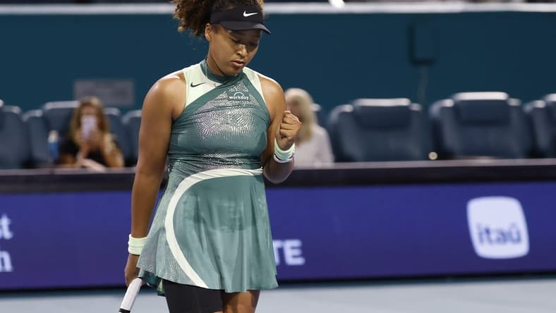 Mar 20, 2024; Miami Gardens, FL, USA; Naomi Osaka (JPN) reacts after match point against Elisabetta Cocciaretto (ITA) (not pictured) on day three of the Miami Open at Hard Rock Stadium. Mandatory Credit: Geoff Burke-USA TODAY Sports