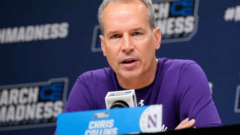 Mar 21, 2024; Brooklyn, NY, USA; Northwestern coach Chris Collins talks to the media at a press conference at Barclays Center. Mandatory Credit: Robert Deutsch-USA TODAY Sports