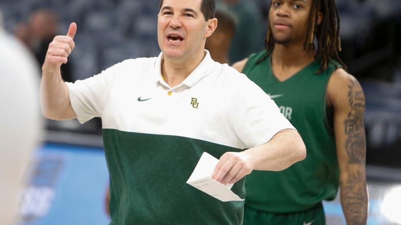 Baylor’s head coach Scott Drew directs his players during open practices for 2024 NCAA Tournament teams at FedExForum in Memphis, Tenn., on Thursday, March 21, 2024.