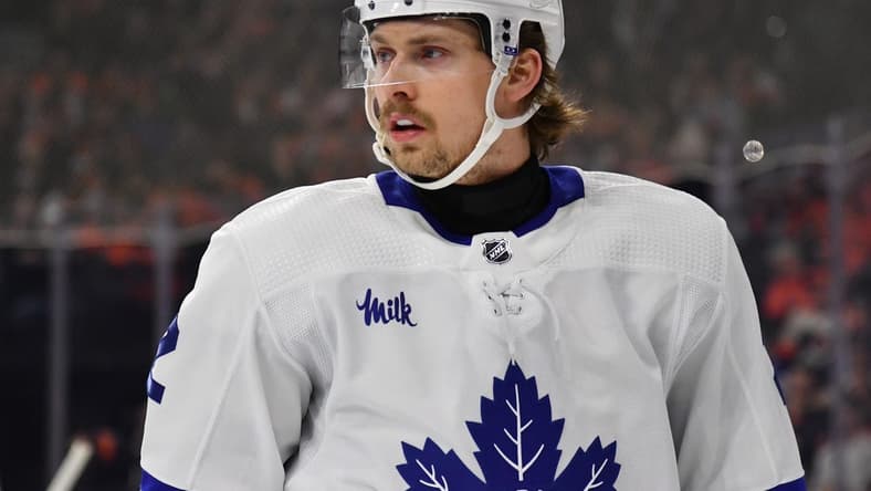 Mar 19, 2024; Philadelphia, Pennsylvania, USA; Toronto Maple Leafs defenseman Simon Benoit (2) against the Philadelphia Flyers at Wells Fargo Center. Mandatory Credit: Eric Hartline-USA TODAY Sports