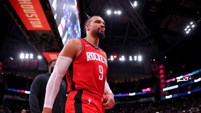 Mar 21, 2024; Houston, Texas, USA; Houston Rockets forward Dillon Brooks (9) walks off the court after being ejected during the third quarter at Toyota Center. Mandatory Credit: Erik Williams-USA TODAY Sports