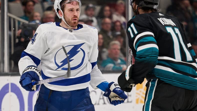 Mar 21, 2024; San Jose, California, USA; Tampa Bay Lightning defenseman Calvin de Haan (44) reacts after a high sticking call against San Jose Sharks defenseman Nikolai Knyzhov (71) during the first period at SAP Center at San Jose. Mandatory Credit: Robert Edwards-USA TODAY Sports