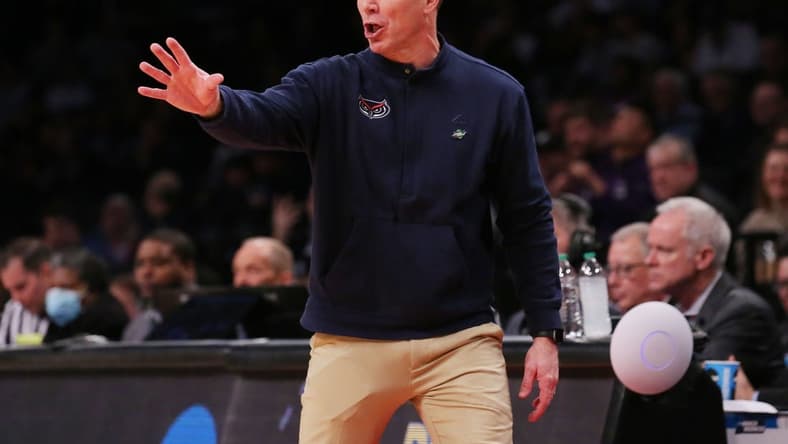 March 22, 2024, Brooklyn, NY, USA; Florida Atlantic Owls head coach Dusty May reacts against the Northwestern Wildcats in the first round of the 2024 NCAA Tournament at the Barclays Center. Mandatory Credit: Brad Penner-USA TODAY Sports