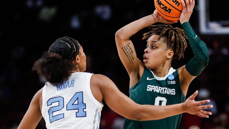 Michigan State guard DeeDee Hagemann (0) looks to pass against North Carolina guard Indya Nivar (24) during the second half of NCAA tournament first round at Colonial Life Arena in Columbia, S.C. on Friday, March 22, 2024.