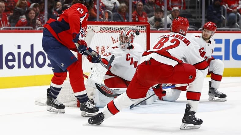 Mar 22, 2024; Washington, District of Columbia, USA; Washington Capitals left wing Sonny Milano (15) scores a goal past Carolina Hurricanes goaltender Pyotr Kochetkov (52) during the first period at Capital One Arena. Mandatory Credit: Amber Searls-USA TODAY Sports