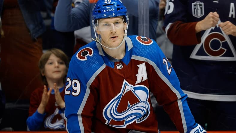 Mar 22, 2024; Denver, Colorado, USA; Colorado Avalanche center Nathan MacKinnon (29) after his goal in the third period against the Columbus Blue Jackets at Ball Arena. Mandatory Credit: Isaiah J. Downing-USA TODAY Sports