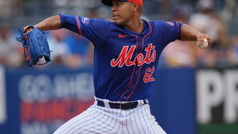 Mar 23, 2024; Port St. Lucie, Florida, USA;  New York Mets starting pitcher Jose Quintana (62) pitches in the first inning against the Houston Astros at Clover Park. Mandatory Credit: Jim Rassol-USA TODAY Sports