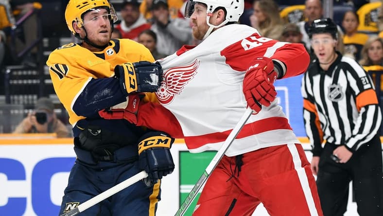 Mar 23, 2024; Nashville, Tennessee, USA; Nashville Predators center Colton Sissons (10) and Detroit Red Wings defenseman Jeff Petry (46) exchange words after a hit during the first period at Bridgestone Arena. Mandatory Credit: Christopher Hanewinckel-USA TODAY Sports