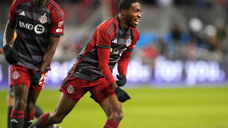Mar 23, 2024; Toronto, Ontario, USA; Toronto FC forward Tyrese Spicer (16) celebrates his goal against Atlanta United at BMO Field. Mandatory Credit: Nick Turchiaro-USA TODAY Sports