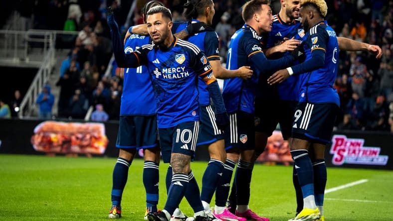 FC Cincinnati midfielder Luciano Acosta (10) gestures after scoring a goal in the second half of the match between FC Cincinnati and New York City FC at in Cincinnati on Saturday, March 23, 2024.