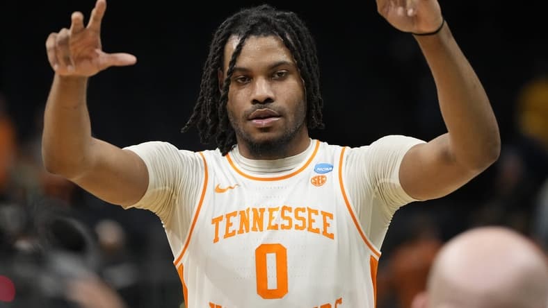 March 23, 2024, Charlotte, NC, USA; Tennessee Volunteers forward Jonas Aidoo (0) celebrates defeating the Texas Longhorns in the second round of the 2024 NCAA Tournament at the Spectrum Center. Mandatory Credit: Bob Donnan-USA TODAY Sports