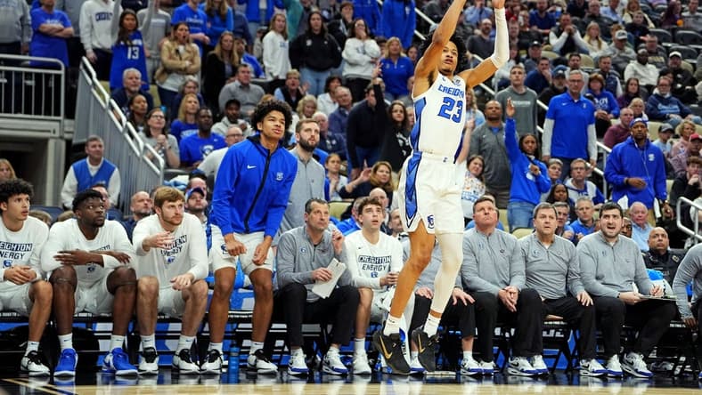 Mar 23, 2024; Pittsburgh, PA, USA; Creighton Bluejays guard Trey Alexander (23) shoots the ball during the second half of the game against the Oregon Ducks in the second round of the 2024 NCAA Tournament at PPG Paints Arena. Mandatory Credit: Gregory Fisher-USA TODAY Sports