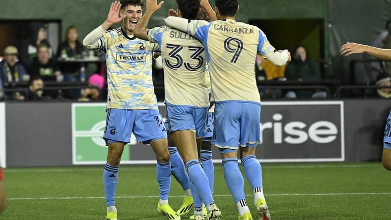 Mar 23, 2024; Portland, Oregon, USA; Philadelphia Union midfielder Quinn Sullivan (33) reacts after scoring a goal against the Portland Timbers in the second half at Providence Park. Mandatory Credit: Troy Wayrynen-USA TODAY Sports