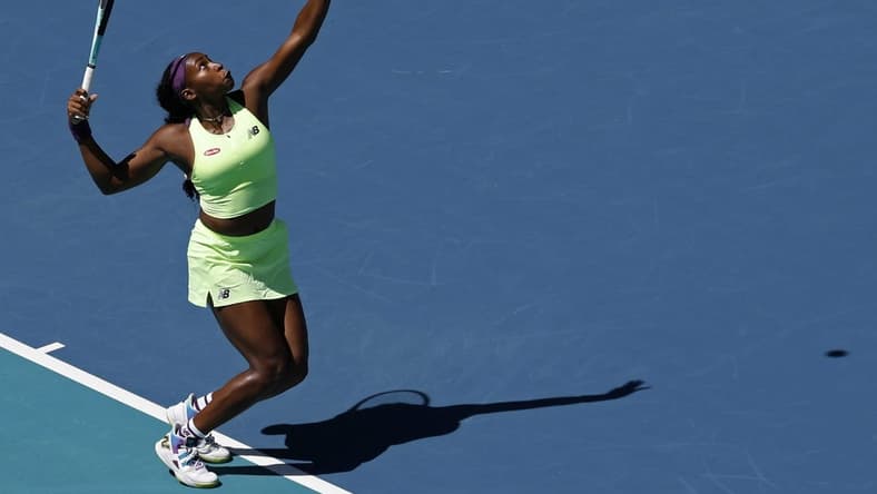 Mar 24, 2024; Miami Gardens, FL, USA; Coco Gauff (USA) serves against Ocean Dodin (FRA) (not pictured) on day seven of the Miami Open at Hard Rock Stadium. Mandatory Credit: Geoff Burke-USA TODAY Sports