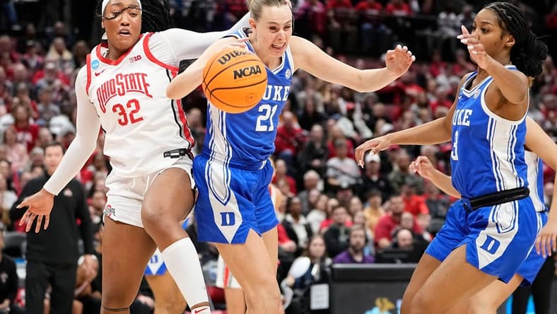 Mar 24, 2024; Columbus, OH, USA; Ohio State Buckeyes forward Cotie McMahon (32) fights for a rebound with Duke Blue Devils forward Camilla Emsbo (21) during the second half of the women’s NCAA Tournament second round at Value City Arena. Ohio State lost 75-63.