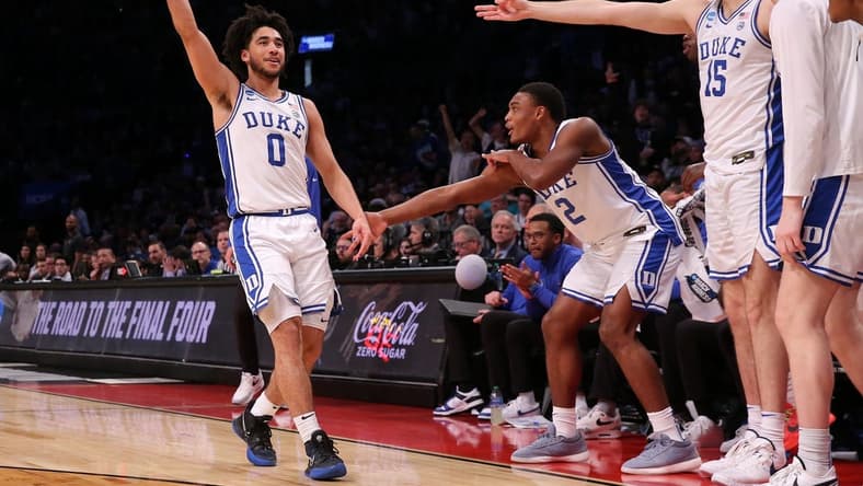 Mar 24, 2024; Brooklyn, NY, USA; Duke Blue Devils guard Jared McCain (0) reacts against the James Madison Dukes in the second round of the 2024 NCAA Tournament at Barclays Center. Mandatory Credit: Brad Penner-USA TODAY Sports