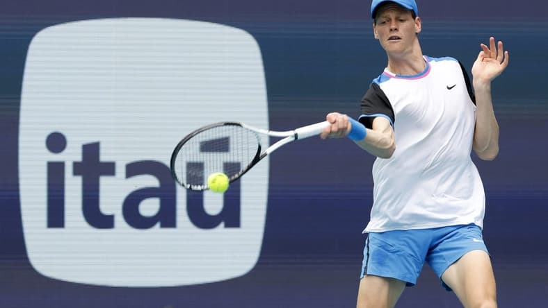 Mar 24, 2024; Miami Gardens, FL, USA; Jannik Sinner (ITA) hits a forehand against Tallon Griekspoor (NED)(not pictured) on day seven of the Miami Open at Hard Rock Stadium. Mandatory Credit: Geoff Burke-USA TODAY Sports