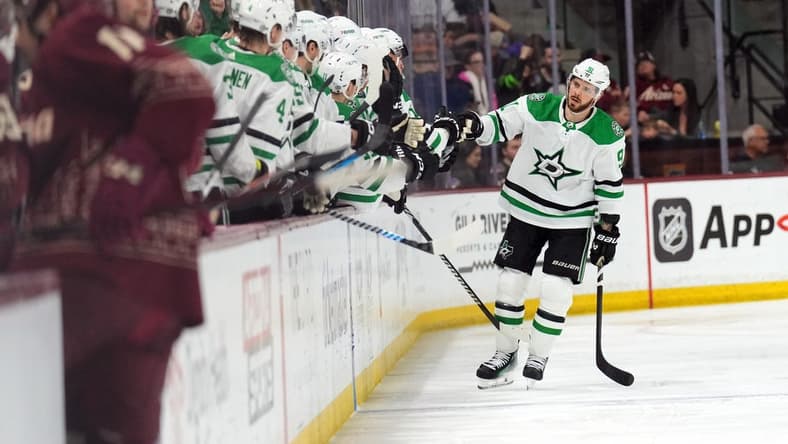 Mar 24, 2024; Tempe, Arizona, USA; Dallas Stars center Tyler Seguin (91) celebrates his goal against the Arizona Coyotes during the second period at Mullett Arena. Mandatory Credit: Joe Camporeale-USA TODAY Sports