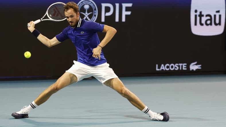 Mar 24, 2024; Miami Gardens, FL, USA; Daniil Medvedev hits a forehand against Cameron Norrie (GBR) (not pictured) on day seven of the Miami Open at Hard Rock Stadium. Mandatory Credit: Geoff Burke-USA TODAY Sports