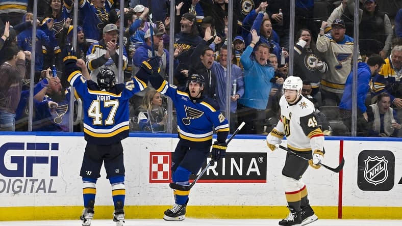 Mar 25, 2024; St. Louis, Missouri, USA; St. Louis Blues left wing Brandon Saad (20) reacts after scoring the game tying goal against the Vegas Golden Knights during the third period at Enterprise Center. Mandatory Credit: Jeff Curry-USA TODAY Sports